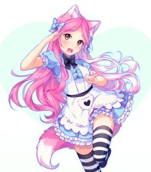 Rule 34 | 1girl, :d, animal ears, black bow, black thighhighs, blue bow, blue eyes, blush, borrowed character, bow, bowtie, commission, dress, facepaint, fox ears, fox tail, frilled dress, frills, hair bow, heart, hyanna-natsu, kitsune, leg up, long hair, looking at viewer, open mouth, original, pink hair, puffy short sleeves, puffy sleeves, red eyes, short sleeves, simple background, smile, solo, striped, tail, thighhighs, v, v over eye, very long hair, white dress, white thighhighs, zettai ryouiki