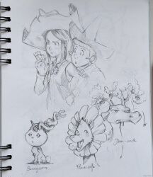 Rule 34 | 2girls, 4others, angry, commentary, david revoy, english commentary, hand on another&#039;s arm, hand on own hip, hat, highres, long hair, monochrome, multiple girls, multiple others, non-web source, shirt, short hair, sketch, surprised, witch hat