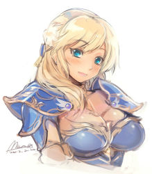 Rule 34 | 10s, 1girl, 2013, angel reina, armor, blonde hair, blue eyes, blush, breasts, cleavage, commentary request, dated, earrings, hair ornament, jewelry, large breasts, long hair, mel/a, open mouth, pauldrons, shingeki no bahamut, shoulder armor, signature, solo, stud earrings, upper body