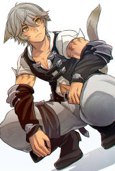 Rule 34 | 1boy, animal ears, arm tattoo, belt buckle, black vest, blouse, boots, buckle, cat ears, cat tail, cosplay, detached sleeves, elbow pads, facepaint, final fantasy, final fantasy xiv, grey hair, grey legwear, looking to the side, miqo&#039;te, miqo&#039;te (cosplay), mobius final fantasy, navel, payu (pyms11), shadow, shirt, signature, simple background, sleeves rolled up, slit pupils, squatting, tail, tattoo, thigh strap, vest, white background, white shirt, wol, yellow eyes