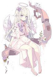 Rule 34 | angel, angel wings, antique phone, bare legs, bare shoulders, barefoot, bow, branch, collarbone, colored skin, dress, feathered wings, feathers, flower, hair bow, halo, highres, original, purple flower, ribbon, tsukiyo (skymint), violet eye, white dress, white flower, white hair, white skin, white wings, wings