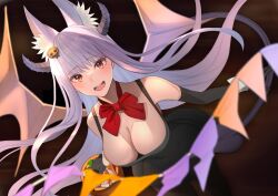 Rule 34 | 1girl, :d, animal ear fluff, animal ears, bare shoulders, black dress, black gloves, blush, bow, breasts, cleavage, demon horns, demon tail, dress, elbow gloves, fox ears, gloves, hair ornament, halloween, halloween costume, highres, horns, indie virtual youtuber, jack-o&#039;-lantern, kamishiro natsume, kitsune, large breasts, long hair, looking at viewer, open mouth, orange eyes, purple hair, red bow, sleeveless, sleeveless dress, smile, solo, tail, teeth, upper teeth only, virtual youtuber, wings, yuuhi (yuuvi83)