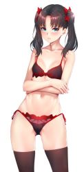 Rule 34 | black hair, blush, bra, commentary, commentary request, fate (series), green eyes, lingerie, navel, panties, red bra, red panties, simple background, solo, standing, thighhighs, tohsaka rin, twintails, underwear, white background, aged down, zucchini
