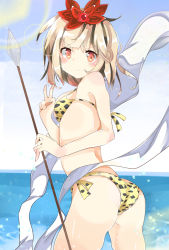 Rule 34 | &gt;:&gt;, &gt;:), 1girl, :&gt;, animal print, ass, bikini, blonde hair, blush, breasts, hair ornament, highres, leopard print, looking at viewer, looking back, polearm, red eyes, short hair, smile, solo, spear, standing, swimsuit, te toga, toramaru shou, touhou, v, v-shaped eyebrows, weapon