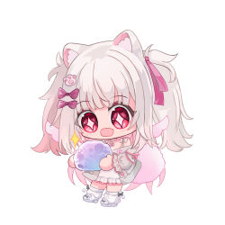 Rule 34 | 1girl, absurdres, animal ear fluff, animal ears, black bow, bow, cactusxii, chibi, dog ears, dog girl, dress, gram pico, grey hair, grey jacket, hair bow, hair ribbon, highres, holding, jacket, long hair, open mouth, paw hair ornament, phase connect, phase connect jp, pink bow, pink eyes, pink ribbon, pom pom (clothes), ribbon, second-party source, shoes, socks, solo, sparkle, sparkling eyes, twintails, virtual youtuber, white bow, white dress, white footwear, white socks