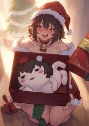 Rule 34 | 1girl, absurdres, bare shoulders, black hair, blush, box, christmas, christmas ornaments, christmas tree, collarbone, commentary request, fur-trimmed headwear, fur trim, gift, gift box, hair between eyes, hat, highres, joker (stjoker), looking at viewer, mask, open mouth, pointy ears, red eyes, santa hat, shameimaru aya, shiba squish, short hair, smile, solo focus, stuffed toy, tengu mask, thighs, touhou