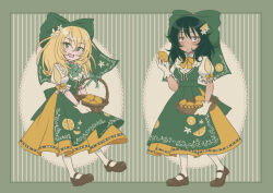 Rule 34 | 2girls, alternate costume, andou (girls und panzer), apron, basket, black footwear, black hair, blonde hair, blue eyes, bow, bowtie, brown eyes, closed mouth, commentary, dark-skinned female, dark skin, doily, flower, food, french clothes, frilled sleeves, frills, fruit, girls und panzer, gloves, green apron, green bow, green bowtie, hair bow, hair flower, hair ornament, high collar, holding, holding basket, holding food, holding fruit, large bow, lemon, light frown, long skirt, looking at viewer, mary janes, matching outfits, medium hair, messy hair, multiple girls, open mouth, oshida (girls und panzer), pantyhose, puffy short sleeves, puffy sleeves, salt-apple, shirt, shoes, short sleeves, skirt, smile, standing, standing on one leg, white gloves, white pantyhose, white shirt, yellow bow, yellow bowtie, yellow skirt