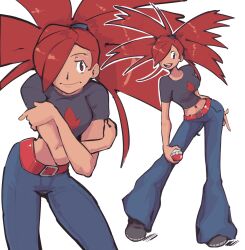 Rule 34 | belt, breasts, creatures (company), crop top, crossed arms, fire print, flannery (pokemon), game freak, highres, immisterplow, large breasts, long hair, nintendo, one eye covered, pants, poke ball, pokemon, pokemon rse, ponytail, red hair, shoes, short sleeves, white background, wide sleeves