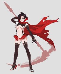 Rule 34 | 1girl, black hair, boots, breasts, cape, cleavage, cosplay, full body, grey eyes, high heel boots, high heels, huge weapon, kill la kill, matoi ryuuko, midriff, miniskirt, multicolored hair, navel, red hair, revealing clothes, ruby rose, rwby, sinccubi, skirt, solo, standing, stomach, suspender skirt, suspenders, tagme, thigh boots, thighhighs, two-tone hair, underboob, weapon