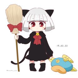 Rule 34 | 1girl, animal ears, artist name, bell, black dress, black footwear, blunt bangs, blush, blush stickers, boots, bow, broom, cat ears, cat girl, cat tail, chousen yuuki, closed mouth, commentary request, dated, dress, expressionless, full body, holding, holding broom, hood, hood down, hooded dress, jingle bell, keke (kirby), kine (kirby), kirby (series), long sleeves, looking at viewer, neck bell, neck ribbon, nintendo, red bow, red eyes, red ribbon, ribbon, short hair, simple background, solo, standing, stuffed animal, stuffed fish, stuffed toy, tail, twitter username, white background, white hair