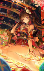 Rule 34 | 1girl, absurdres, bare shoulders, barefoot, bell, black choker, black gloves, blunt bangs, breasts, brown hair, choker, cleavage, commentary request, criss-cross halter, detached sleeves, dress, flower, full body, gloves, grin, halterneck, hand on ground, hand up, highres, honkai: star rail, honkai (series), long hair, looking at viewer, neck bell, obi, on ground, pink eyes, pink flower, pink nails, red dress, red sleeves, sash, single glove, sitting, sleeveless, sleeveless dress, small breasts, smile, solo, sparkle (honkai: star rail), uli (bredkgod), very long hair, wariza