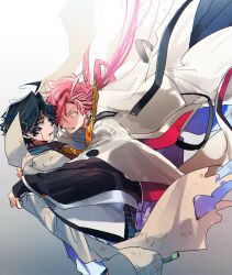 2boys ahoge black_hair black_kimono black_ribbon bleeding bleeding_from_forehead blood blood_from_mouth blood_on_clothes blood_on_face blue_eyes blue_shirt clenched_teeth coat coat_on_shoulders collared_coat collared_shirt commentary_request earclip earrings fate/grand_order fate_(series) floating_hair grey_coat grey_hair hair_between_eyes hair_over_one_eye hakama highres jacket japanese_clothes jewelry kimono long_hair long_sleeves looking_at_another low_ponytail male_focus multicolored_hair multiple_boys necktie one_eye_covered open_clothes open_jacket pants parted_bangs parted_lips pink_hair ponytail print_necktie red_eyes red_hair ribbon shirt short_hair simple_background streaked_hair striped_clothes striped_shirt takasugi_shinsaku_(fate) teeth torn_clothes torn_coat v-shaped_eyebrows vertical-striped_clothes vertical-striped_shirt very_long_hair white_background white_jacket white_pants wide-eyed wide_sleeves wing_collar yellow_necktie yoshida_shouin_(fate) yuu_(areruya)