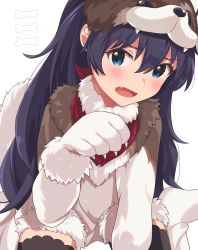 Rule 34 | 1girl, animal hat, black hair, black thighhighs, blue eyes, commentary request, dog hat, dog tail, fang, fingernails, fur trim, ganaha hibiki, gloves, hair between eyes, hat, highres, idolmaster, idolmaster (classic), idolmaster million live!, idolmaster million live! theater days, inuyama nanami, long hair, open mouth, ponytail, sharp fingernails, simple background, smile, solo, tail, thighhighs, white background, white gloves