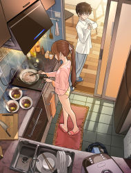 Rule 34 | 1boy, 1girl, ass, blush, bowl, brown hair, chair, chopsticks, commentary, cooking, door, food, from above, frying pan, hair ribbon, highres, holding, holding chopsticks, indoors, kitchen, knife, light rays, long hair, no pants, original, panties, pink shirt, plate, ponytail, refrigerator, revision, ribbon, rice cooker, shelf, shirt, short hair, sink, steam, sweat, table, tile floor, tiles, underwear, water, white ribbon, white shirt, wooden floor, yewang19