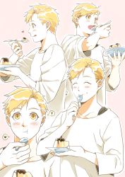 Rule 34 | !, 1boy, :&gt;, :o, :p, ?, ^ ^, alphonse elric, beige background, beige shirt, blonde hair, blush, blush stickers, chewing, closed eyes, collarbone, dessert, eating, eighth note, expressionless, eyelashes, facing viewer, fingernails, food, food on face, from below, from side, fullmetal alchemist, hand up, happy, heart, holding, holding plate, holding spoon, light blush, long sleeves, looking afar, looking at viewer, male focus, multiple views, musical note, nape, open mouth, outline, pai (1111), plate, profile, pudding, shaded face, shirt, simple background, spoken heart, spoken question mark, spoon, swept bangs, syrup, tareme, teeth, tongue, tongue out, upper teeth only, utensil in mouth, wavy mouth, white outline, wide-eyed, wide sleeves, yellow eyes