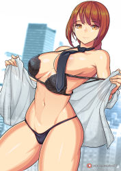 Rule 34 | 1girl, bare hips, black bra, black panties, bra, bra pull, bra slip, bra strap, breasts, chainsaw man, clothes pull, covered erect nipples, large breasts, lingerie, makima (chainsaw man), navel, necktie, off shoulder, panties, partially undressed, red hair, redjet, removing bra, shiny skin, sideboob, smile, solo, thick thighs, thighs, thong, underwear