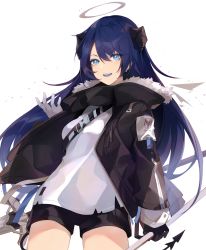 Rule 34 | 1girl, :d, arknights, bad id, bad pixiv id, black gloves, black jacket, black shorts, blue eyes, blue hair, breasts, commentary, cowboy shot, fur-trimmed jacket, fur trim, gloves, hair between eyes, halo, hand up, highres, holding, horns, jacket, long hair, long sleeves, looking at viewer, mostima (arknights), open mouth, saibe, shirt, short shorts, shorts, simple background, small breasts, smile, solo, standing, very long hair, white background, white gloves, white shirt