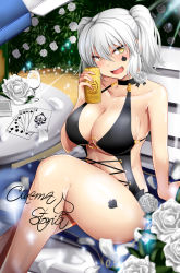 Rule 34 | 1girl, :d, ace (playing card), ace of spades, arm support, bikini, black bikini, blush, breasts, card, chair, chaise longue, character request, cleavage, collarbone, commentary request, cup, drinking glass, flower, halterneck, highres, holding, inverted nipples, jack (playing card), jack of spades, king (playing card), king of spades, kirome (kamipaper), large breasts, lotion, lotion bottle, lounge chair, nipples, open mouth, plant, playing card, poker, queen (playing card), queen of spades, rose, round table, short hair, short twintails, silver hair, smile, solo, spade, spade (shape), sunscreen, swimsuit, table, tattoo, twintails, umbrella, white flower, white rose, wine glass, yellow eyes