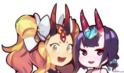Rule 34 | 2girls, :d, alternate hairstyle, blonde hair, blunt bangs, chibi, commentary, facial mark, fate/grand order, fate (series), forehead mark, headpiece, heart, highres, horns, ibaraki douji (fate), ibaraki douji (swimsuit lancer) (third ascension) (fate), idk-kun, looking at viewer, multiple girls, no nose, open mouth, precure, purple eyes, purple hair, romaji commentary, short eyebrows, shuten douji (fate), shuten douji (fate/grand order), shuten douji (halloween caster) (fate), simple background, smile, transparent background, twintails, twitter username, white background, yellow eyes