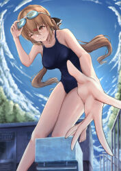 Rule 34 | 1girl, absurdres, alternate costume, black bow, blue one-piece swimsuit, blue sky, blush, bow, breasts, brown eyes, brown hair, cloud, cloudy sky, collarbone, competition swimsuit, day, hair between eyes, hair bow, highres, kantai collection, long hair, looking at viewer, looking down, low twintails, medium breasts, one-piece swimsuit, outdoors, pool, poolside, school swimsuit, sky, smile, starting block, sudachineko, swimsuit, tashkent (kancolle), tree, twintails