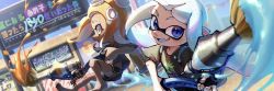Rule 34 | 2girls, ad, barefoot, black shirt, black shorts, blue eyes, blue hair, blunt bangs, blurry, dark-skinned female, dark skin, depth of field, dolphin shorts, dutch angle, fang, green eyes, highres, holding, holding brush, ink tank (splatoon), inkbrush (splatoon), inkling, inkling girl, inkling player character, light blue hair, light particles, long hair, looking at viewer, looking to the side, multiple girls, nintendo, octoling, octoling player character, orange hair, paint splatter, pale skin, pointy ears, shirt, shorts, sign, splatoon (series), splatoon 2, splatoon 2: octo expansion, suction cups, tentacle hair, ukata