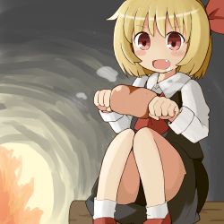 Rule 34 | 1girl, ascot, blonde hair, blush stickers, boned meat, child, drooling, embodiment of scarlet devil, fang, female focus, fire, food, hair ribbon, heart, heart-shaped pupils, meat, open mouth, red eyes, ribbon, rumia, shoes, short hair, sitting, socks, solo, symbol-shaped pupils, touhou, yamase