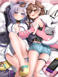 Rule 34 | 2girls, :3, :d, ahoge, alternate costume, animal ear fluff, animal ears, animal hood, arm up, bare legs, black cardigan, black collar, black shirt, blue shorts, blush, bow, breasts, breasts apart, brown hair, cardigan, cat ears, cat girl, cat tail, closed mouth, collar, collared shirt, commentary request, dog ears, hair between eyes, hair bow, hair ornament, hairband, hand on another&#039;s shoulder, hand on another&#039;s stomach, highres, hololive, hood, hood down, inugami korone, jacket, kito koruta, long hair, looking at viewer, lying, medium breasts, multiple girls, nekomata okayu, nekomata okayu (oversized shirt), nintendo switch, official alternate costume, on back, on bed, on stomach, open cardigan, open clothes, open jacket, open mouth, partially unbuttoned, pink bow, pink hairband, pink jacket, pom pom (clothes), pom pom hair ornament, print shirt, purple eyes, purple hair, shirt, short shorts, shorts, signature, slippers, unworn slippers, smile, tail, thigh strap, virtual youtuber, white shirt, yellow footwear