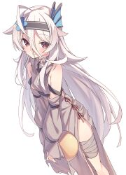 Rule 34 | 1girl, ahoge, bandaged leg, bandages, bare shoulders, blue flower, breasts, detached sleeves, dress, flower, hair between eyes, hairband, highres, hip vent, long hair, looking at viewer, original, red eyes, red ribbon, ribbon, shiro youduki, side-tie dress, slit pupils, small breasts, solo, torn clothes, torn sleeves, very long hair, white background, white dress, white hair