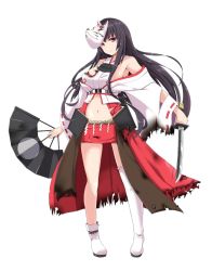 Rule 34 | 1girl, asymmetrical legwear, bare shoulders, black hair, boots, breasts, detached sleeves, fox mask, full body, hand fan, holding, holding fan, holding weapon, japanese clothes, kichihachi, kubota (oshiro project), large breasts, long hair, looking at viewer, mask, midriff, mismatched legwear, navel, nontraditional miko, oshiro project:re, oshiro project:re, purple eyes, red skirt, short sword, skirt, solo, sword, thigh boots, thighhighs, torn boots, torn clothes, torn skirt, transparent background, weapon