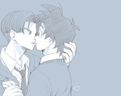 Rule 34 | 2boys, ayata 1010, bishounen, blush, commentary request, dragon ball, dragon ball super, face-to-face, formal, grey background, hand in another&#039;s hair, highres, holding hands, imminent kiss, looking at another, male focus, monochrome, multiple boys, necktie, short hair, son goten, teeth, trunks (dragon ball), upper teeth only, yaoi