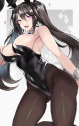 Rule 34 | 1girl, animal ears, bare shoulders, black hair, black leotard, breasts, covered navel, detached collar, fake animal ears, fary5, hair between eyes, hair ornament, hairclip, hand on own chest, highres, large breasts, leotard, long hair, looking at viewer, nail polish, open mouth, original, pantyhose, pink eyes, playboy bunny, playboy bunny, rabbit ears, sharp teeth, teeth, twintails, upper teeth only, wrist cuffs, yuuki nanase