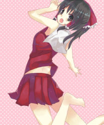 Rule 34 | 1girl, :o, adapted costume, bare shoulders, black hair, blush, brown eyes, collar, female focus, hakurei reimu, japanese clothes, looking back, miko, open mouth, pleated skirt, ponytail, red skirt, ribbon, sidelocks, simple background, skirt, soles, solo, suzumura tomo, tail, toes, touhou, vest, white background