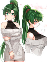 Rule 34 | 1girl, absurdres, bare shoulders, blush, breasts, commentary request, dress, earrings, female focus, fire emblem, fire emblem: the blazing blade, green eyes, green hair, highres, jewelry, lips, long hair, looking at viewer, lyn (fire emblem), matching hair/eyes, medium breasts, multiple views, nintendo, off-shoulder sweater, off shoulder, ormille, parted bangs, ponytail, ribbed sweater, shiny skin, simple background, smile, sweater, sweater dress, turtleneck, upper body