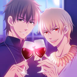 Rule 34 | 2boys, alcohol, blonde hair, brown eyes, cup, drinking glass, fate/zero, fate (series), gilgamesh (fate), hisohiso, hisohiso (altoblue), indoors, jewelry, kotomine kirei, male focus, md5 mismatch, multiple boys, necklace, official alternate costume, red eyes, sky, wine, wine glass