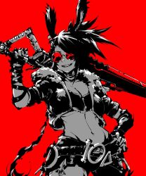 Rule 34 | andyface, animal ears, belt, breasts, cleavage, fur trim, gloves, groin, hand on own hip, highres, jacket, long hair, looking to the side, navel, original, rabbit ears, red background, shorts, simple background, smile, spiked hair, sunglasses, sword, weapon