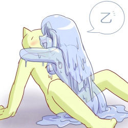 Rule 34 | 1boy, 1girl, 2channel, arm support, artist request, ass, blue hair, blue skin, blush, breasts, closed eyes, colored skin, happy sex, hetero, hug, long hair, lowres, mona (2ch), monster, monster girl, nude, open mouth, sex, sideboob, simple background, sitting, slime (substance), slime girl, transparent