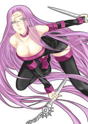 Rule 34 | 00s, 1girl, bare shoulders, breasts, chain, cleavage, collar, facial mark, fate/stay night, fate (series), forehead mark, glasses, large breasts, long hair, medusa (fate), medusa (rider) (fate), mizuki makoto, nameless dagger (fate), pink eyes, purple hair, simple background, solo, thighhighs, very long hair, weapon, white background