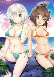 Rule 34 | 10s, 2girls, arm support, bare shoulders, bikini, blue eyes, blurry, blush, breasts, brown eyes, brown hair, collarbone, day, depth of field, hair ornament, hair over one eye, hamakaze (kancolle), headgear, horizon, kantai collection, large breasts, lens flare, looking at viewer, micro bikini, multiple girls, navel, ocean, open mouth, outdoors, personification, polka dot, polka dot bikini, polka dot swimsuit, rock, short hair, side-tie bikini bottom, silver hair, sitting, sitting on rock, swimsuit, uninigumi, water, yukikaze (kancolle)