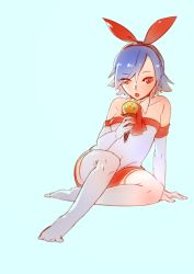 Rule 34 | 1girl, 3four, bare shoulders, blue hair, breasts, detached sleeves, disgaea, dress, food, gloves, hairband, ice cream, looking at viewer, pleinair, red eyes, ribbon, short hair, simple background, solo, thighhighs, white thighhighs