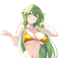 Rule 34 | 1girl, bare arms, bare shoulders, bikini, blush, breasts, chuu (rinet), collarbone, commentary request, fire emblem, fire emblem: shadow dragon and the blade of light, green eyes, green hair, grin, hands up, highres, jewelry, large breasts, long hair, looking at viewer, navel, nintendo, palla (fire emblem), reaching, reaching towards viewer, ring, simple background, smile, solo, stomach, swimsuit, upper body, very long hair, white background, yellow bikini