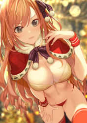Rule 34 | 1girl, arisugawa natsuha, bikini, blush, breasts, capelet, cleavage, fur-trimmed capelet, fur trim, grey eyes, hair ribbon, highres, idolmaster, idolmaster shiny colors, large breasts, long hair, looking at viewer, mismatched bikini, navel, open mouth, orange hair, pupps, red capelet, red ribbon, red thighhighs, ribbon, solo, swept bangs, swimsuit, thighhighs, thighs