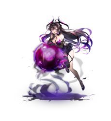 Rule 34 | 1girl, artist request, breasts, brown hair, diadem, dress, earrings, elbow gloves, epic seven, floating, gloves, highres, jewelry, long hair, magic, medium breasts, official art, open mouth, purple dress, purple eyes, shoes, single thighhigh, solo, specter tenebria (dark tyrant) (epic seven), specter tenebria (epic seven), tenebria (epic seven), thighhighs, third-party source, transparent background, v-shaped eyebrows
