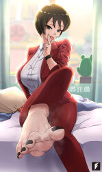 Rule 34 | 1girl, artist logo, barefoot, bed, black eyes, black hair, black nails, buttons, collarbone, cunnilingus gesture, feet, foot focus, foot out of frame, foot up, formal, highres, kurotsuchi (naruto), long sleeves, looking at viewer, nail polish, naruto (series), office lady, pants, red pants, red suit, shirt, short hair, sitting, soles, steam, suit, sweat, teng zhai zi, thighs, toenail polish, toenails, toes, tongue, tongue out, white shirt