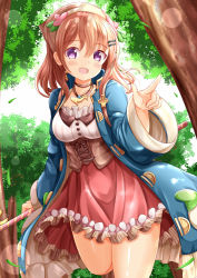 Rule 34 | 1girl, :d, atelier (series), atelier sophie, blue coat, blush, breasts, brown hair, coat, commentary request, commission, cosplay, day, forest, frilled coat, frilled skirt, frills, gochuumon wa usagi desu ka?, hair between eyes, hair ornament, hairclip, hand up, head scarf, highres, holding, hoto cocoa, long hair, long sleeves, looking at viewer, medium breasts, nature, open clothes, open coat, open mouth, outdoors, pixiv commission, pointing, purple eyes, red skirt, shirt, skirt, smile, solo, sophie neuenmuller, sophie neuenmuller (cosplay), white shirt, wide sleeves, xenon (for achieve)