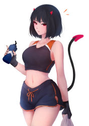 Rule 34 | 1girl, absurdres, bare shoulders, black gloves, black hair, black shorts, black tank top, bottle, breasts, closed mouth, collarbone, crop top, demon girl, demon horns, demon tail, fingerless gloves, gloves, highres, holding, holding bottle, horns, looking at viewer, medium breasts, midriff, navel, notice lines, original, red eyes, shimmer, short hair, short shorts, shorts, simple background, solo, tail, tail raised, tank top, white background