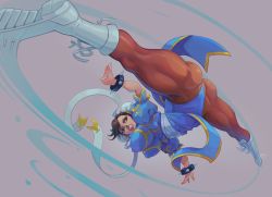 Rule 34 | 1girl, ass, boots, bracelet, breasts, capcom, chinese clothes, chun-li, covered erect nipples, ed (edemevas), floating clothes, grey background, handstand, highres, jewelry, legs apart, leotard, leotard peek, lipstick, makeup, muscular legs, one arm handstand, panties, pantyhose, solo, spiked bracelet, spikes, spread legs, street fighter, underwear
