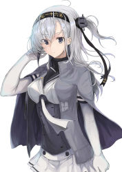 Rule 34 | 1girl, absurdres, black eyes, breasts, elbow gloves, floating hair, gloves, grey jacket, hand in own hair, headband, highres, jacket, kantai collection, long hair, looking at viewer, medium breasts, miniskirt, mou (piooooon), open clothes, open jacket, pleated skirt, side ponytail, silver hair, simple background, sketch, skirt, solo, standing, suzutsuki (kancolle), very long hair, white background, white gloves, white skirt