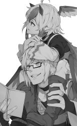 Rule 34 | 1boy, 1girl, ahoge, book, boots, bridal gauntlets, carrying, choker, clenched teeth, eho (icbm), glasses, greyscale, hands on another&#039;s head, head wings, highres, holding, holding book, long sleeves, looking to the side, monochrome, morichika rinnosuke, multicolored hair, open mouth, own hands together, piggyback, pointy ears, semi-rimless eyewear, short hair, shoulder carry, simple background, streaked hair, teeth, tokiko (touhou), touhou, under-rim eyewear, white background, wings