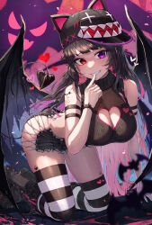 Rule 34 | 1girl, absurdres, all fours, animal ears, animal hat, arm strap, bare shoulders, baseball cap, black footwear, black hair, black shirt, black shorts, boots, breasts, cleavage, cleavage cutout, clothing cutout, colored inner hair, crop top, cutoffs, demon girl, demon tail, demon wings, fake animal ears, finger to mouth, grin, hand up, hat, heart, heart cutout, heterochromia, highres, kokukyukeo, large breasts, long hair, looking at viewer, midriff, multicolored hair, original, purple eyes, red eyes, ribbed shirt, shirt, short shorts, shorts, sideless outfit, sleeveless, sleeveless shirt, sleeveless turtleneck, smile, solo, striped clothes, striped thighhighs, tail, thighhighs, thighs, turtleneck, very long hair, wings, wristband