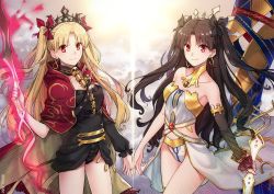 Rule 34 | 2girls, asymmetrical sleeves, black hair, black leotard, black ribbon, blonde hair, cape, collarbone, commentary request, detached sleeves, earrings, ereshkigal (fate), fate/grand order, fate (series), gold trim, hair ribbon, heavenly boat maanna, hoop earrings, infinity symbol, ishtar (fate), jewelry, leotard, long hair, looking at viewer, multiple girls, neck ring, niu illuminator, parted bangs, pixiv fate/grand order contest 2, red cape, red eyes, red ribbon, ribbon, siblings, single detached sleeve, single sleeve, sisters, skull, smile, spine, sun, sword, tiara, two side up, uneven sleeves, weapon